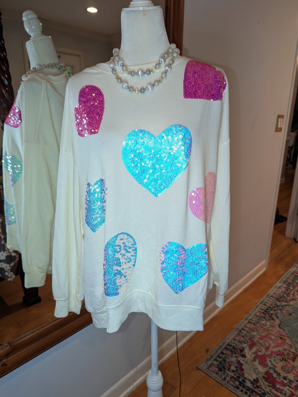 Oversized Sequin Heart Crewneck Sweater - Ivory with Pink & Turquoise Hearts - Picture 12 of 13